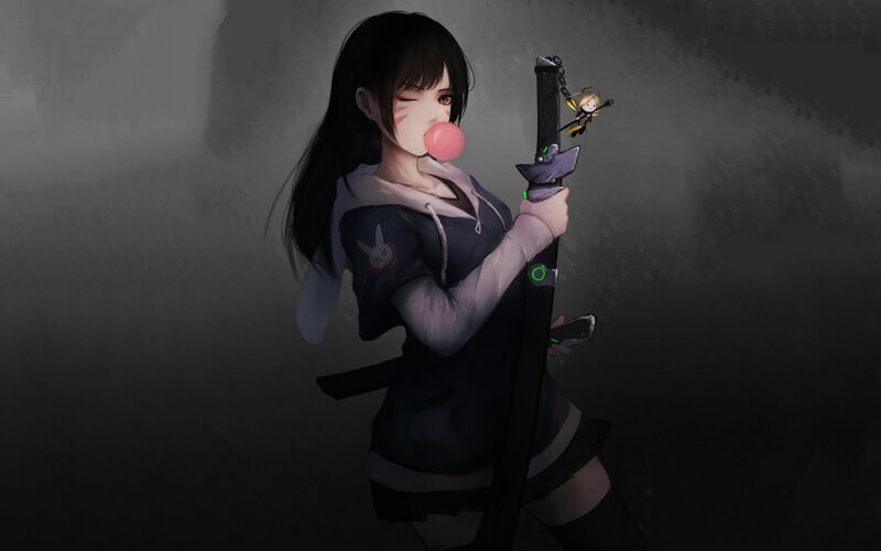 Anime Girl with Sword — Black, Dramatic, Digital Art, Bubble Gum