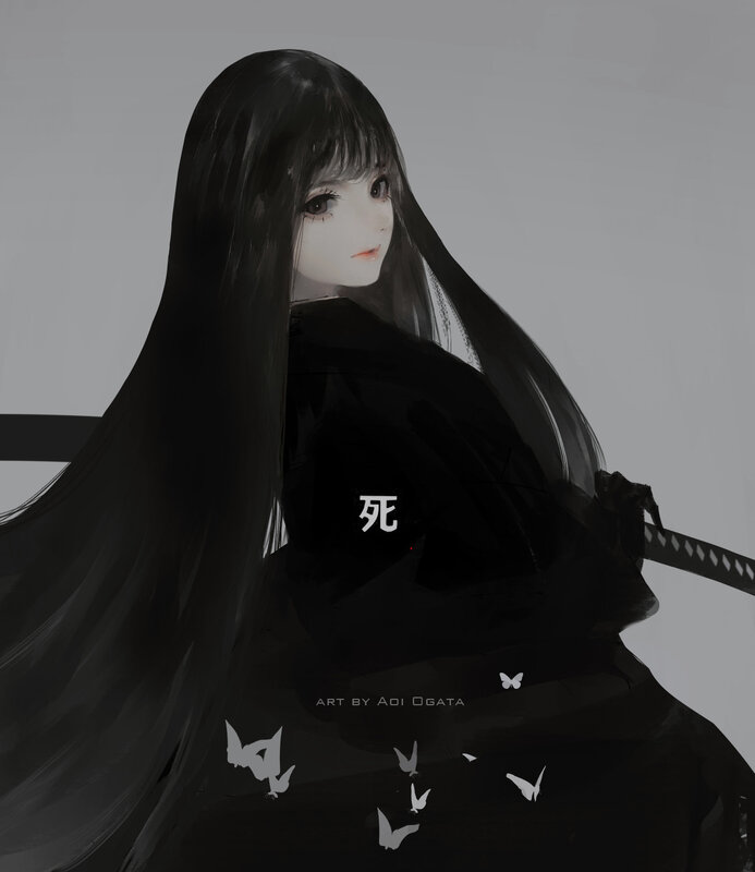 Anime Girl with Sword — Black, Dramatic, Digital Art, Butterflies