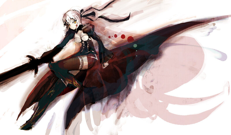 Anime Girl with Sword — Black, Dramatic, Digital Art, Cape