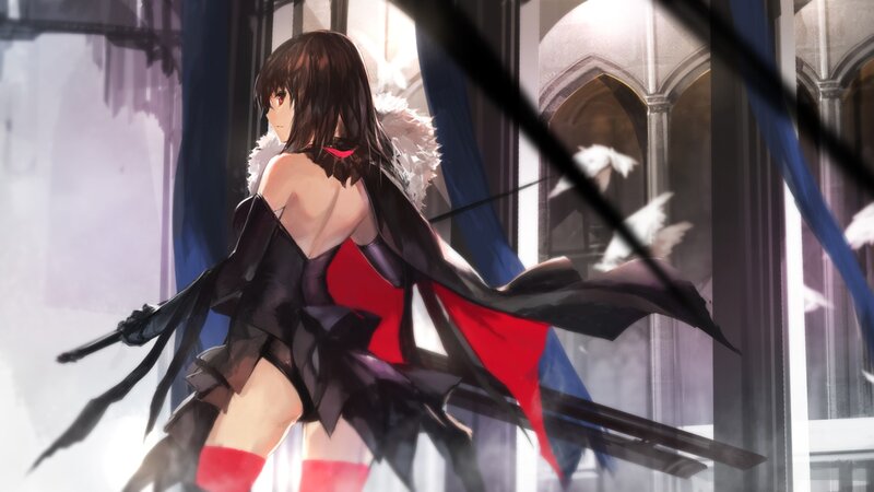 Anime Girl with Sword — Black, Dramatic, Digital Art, Castle