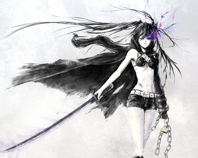 Anime Girl with Sword — Black, Dramatic, Digital Art, Chain