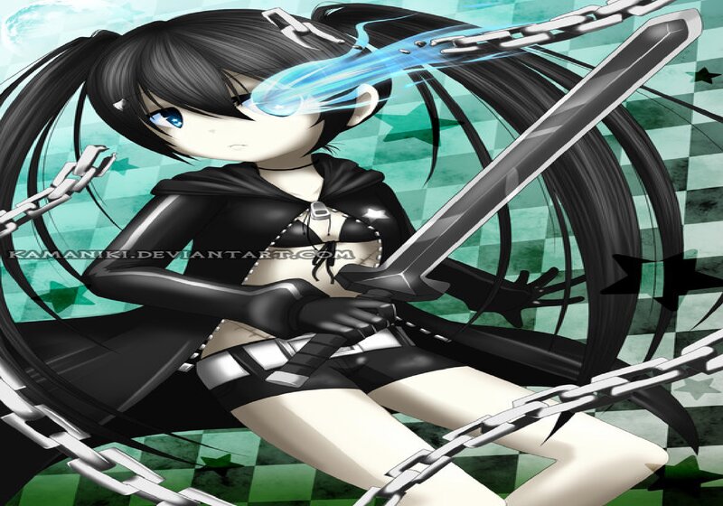 Anime Girl with Sword — Black, Dramatic, Digital Art, Chains, Blue Eyes
