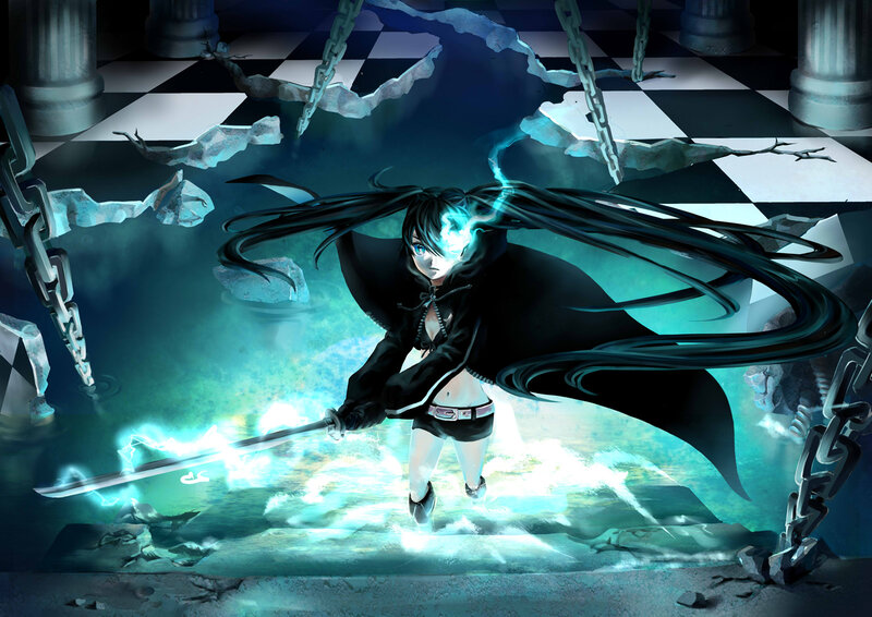 Anime Girl with Sword — Black, Dramatic, Digital Art, Chains, Checkered Floor