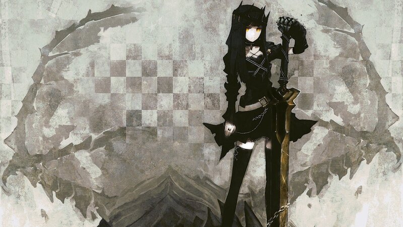 Anime Girl with Sword — Black, Dramatic, Digital Art, Checkered Background, Black Dress