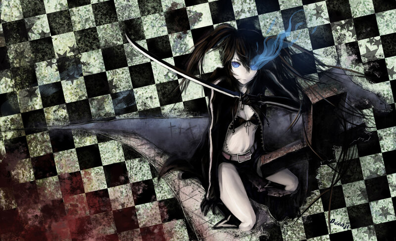 Anime Girl with Sword — Black, Dramatic, Digital Art, Checkered Background