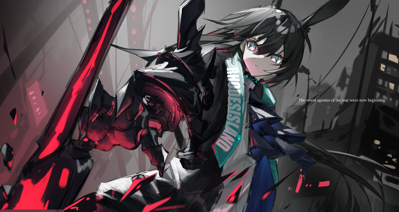 Anime Girl with Sword — Black, Dramatic, Digital Art, City Ruins