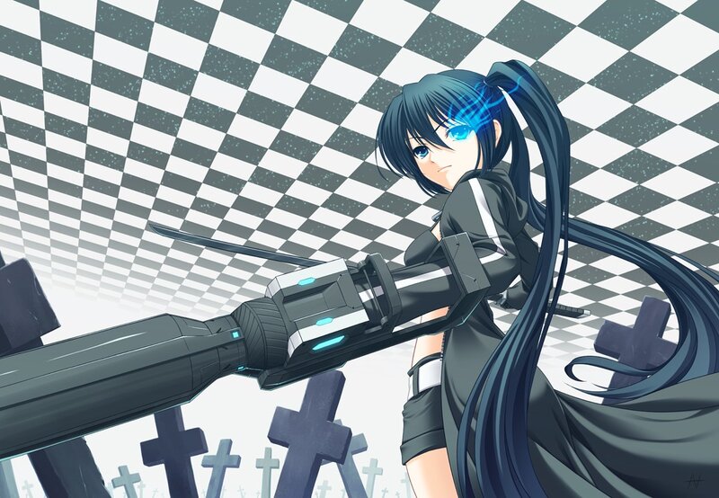 Anime Girl with Sword — Black, Dramatic, Digital Art, Crosses
