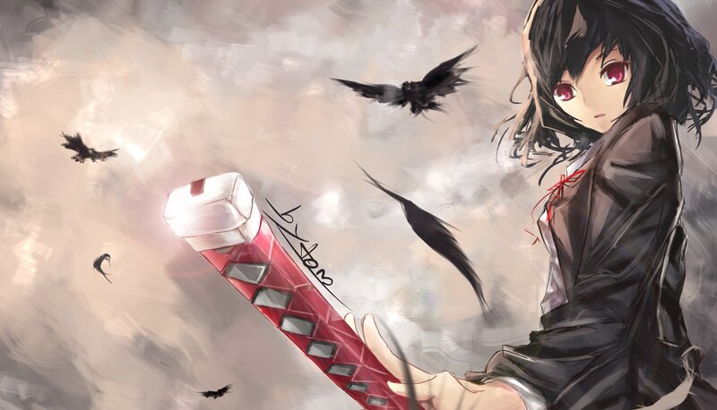 Anime Girl with Sword — Black, Dramatic, Digital Art, Crows