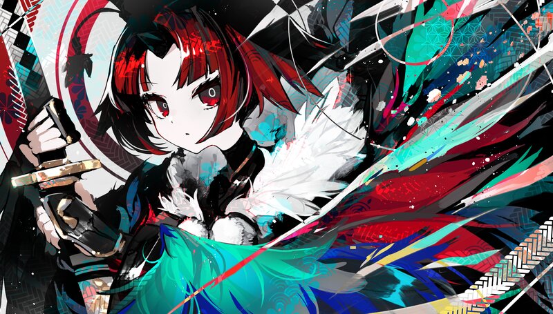 Anime Girl with Sword — Black, Dramatic, Digital Art, Feathers