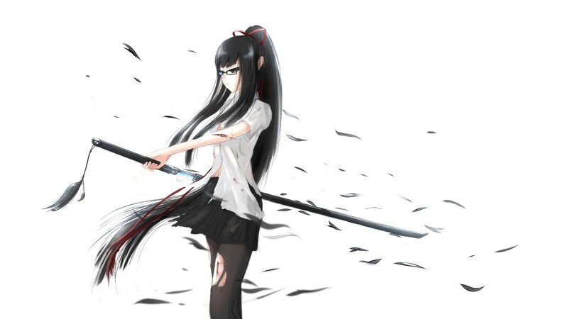 Anime Girl with Sword — Black, Dramatic, Digital Art, Glasses, Blood
