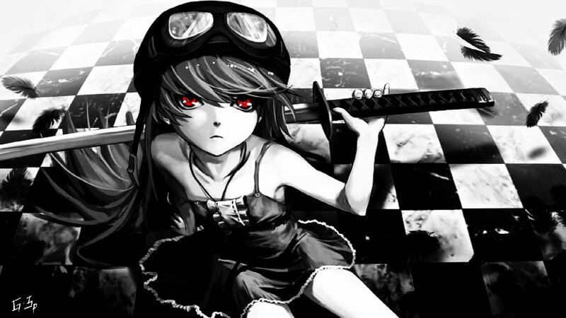 Anime Girl with Sword — Black, Dramatic, Digital Art, Goggles, Feathers