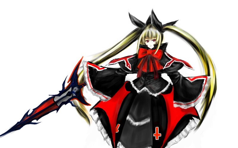Anime Girl with Sword — Black, Dramatic, Digital Art, Long Hair, Black and Red Dress, Red, White