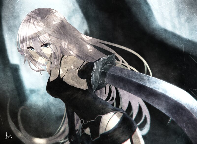 Anime Girl with Sword — Black, Dramatic, Digital Art, Long Hair, Dark Background