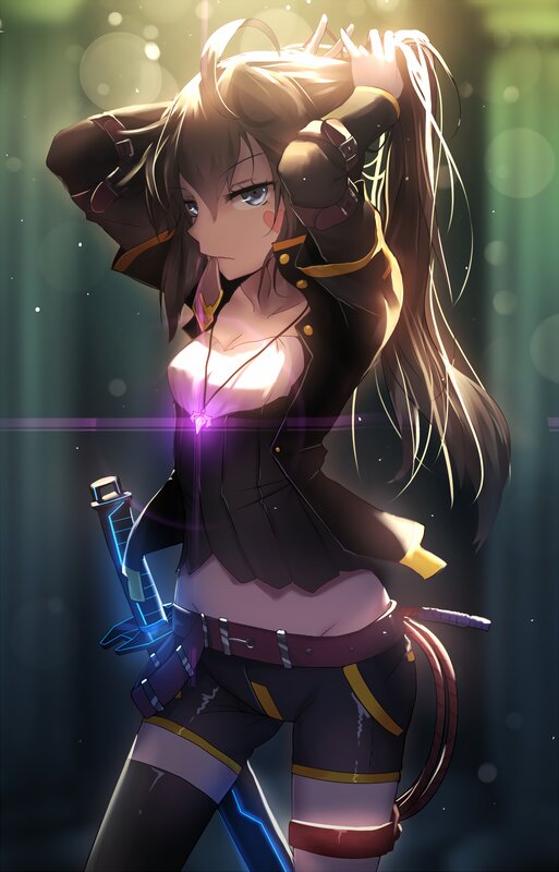 Anime Girl with Sword — Black, Dramatic, Digital Art, Long Hair, Jacket