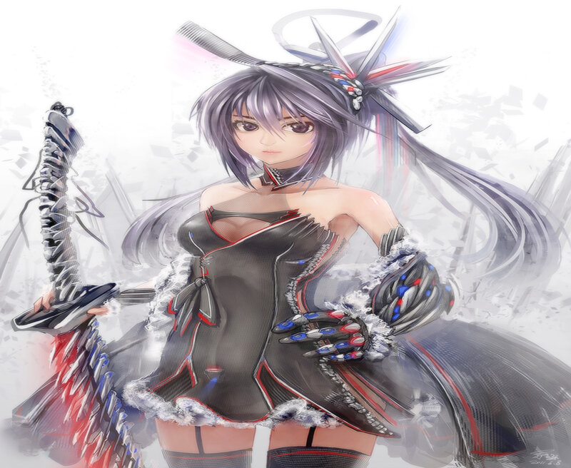 Anime Girl with Sword — Black, Dramatic, Digital Art, Long Hair
