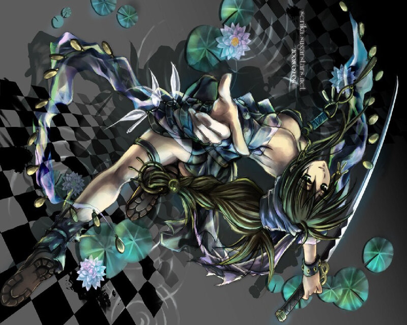 Anime Girl with Sword — Black, Dramatic, Digital Art, Lotus Flowers
