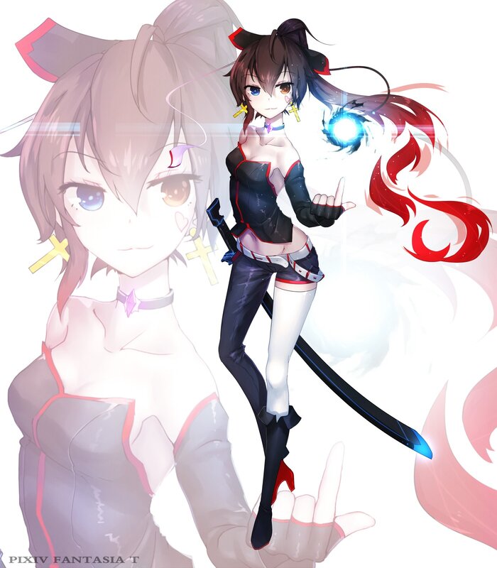 Anime Girl with Sword — Black, Dramatic, Digital Art, Magic