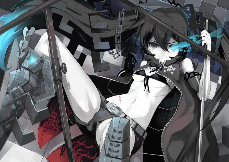 Anime Girl with Sword — Black, Dramatic, Digital Art, Mechanical Arm