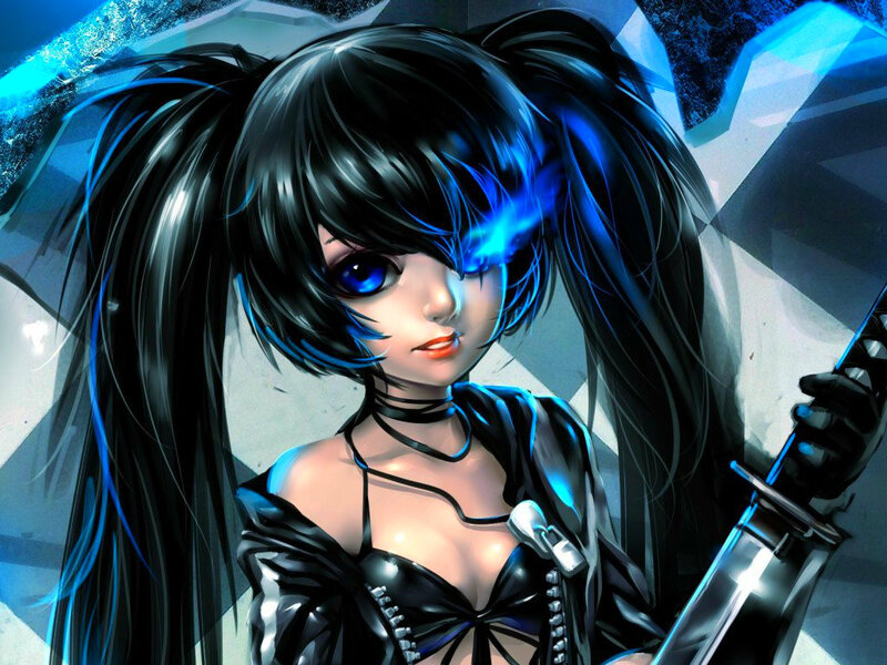 Anime Girl with Sword — Black, Dramatic, Digital Art, Pigtails, Blue Eyes