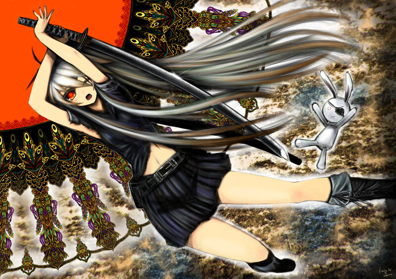 Anime Girl with Sword — Black, Dramatic, Digital Art, Rabbit Doll