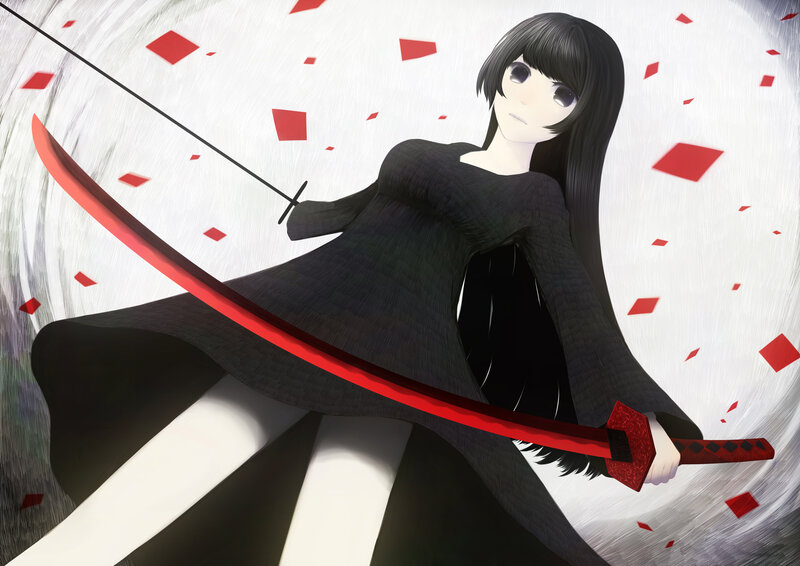 Anime Girl with Sword — Black, Dramatic, Digital Art, Red Confetti