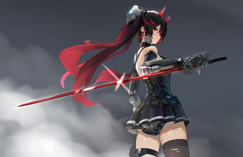 Anime Girl with Sword — Black, Dramatic, Digital Art, Red Hair