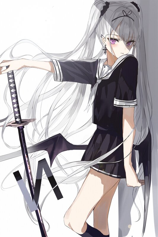 Anime Girl with Sword — Black, Dramatic, Digital Art, School Uniform, Long Hair