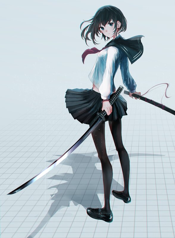 Anime Girl with Sword — Black, Dramatic, Digital Art, School Uniform, Skirt