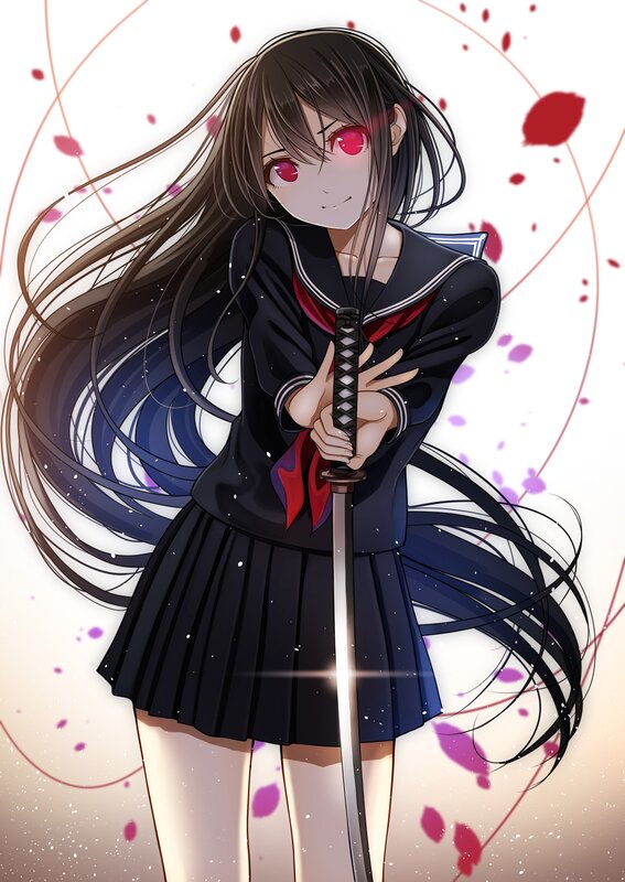 Anime Girl with Sword — Black, Dramatic, Digital Art, School Uniform