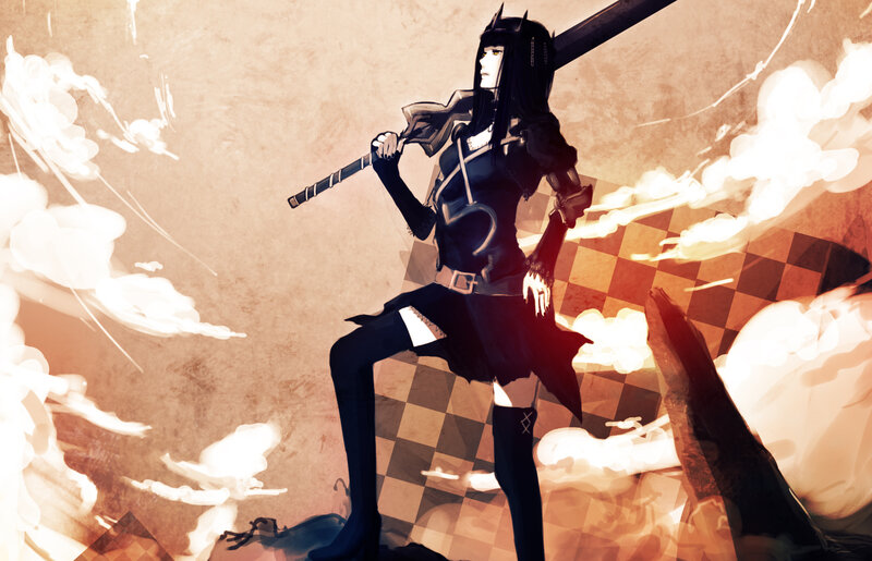 Anime Girl with Sword — Black, Dramatic, Digital Art, Skirt, Checkered Floor