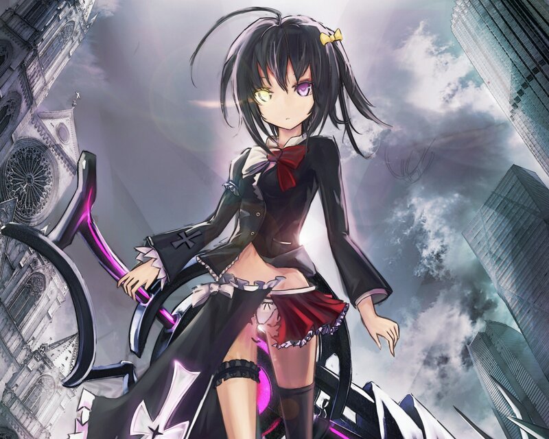 Anime Girl with Sword — Black, Dramatic, Digital Art, Skyscraper