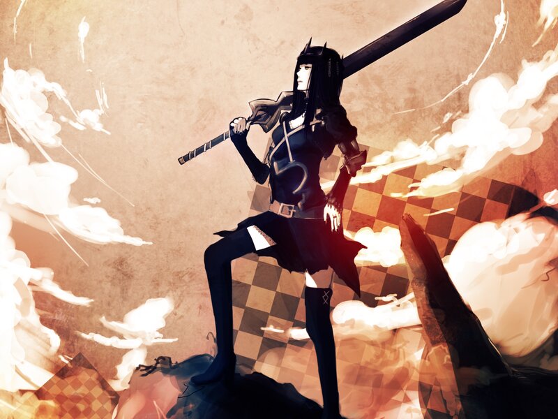 Anime Girl with Sword — Black, Dramatic, Digital Art, Smoke