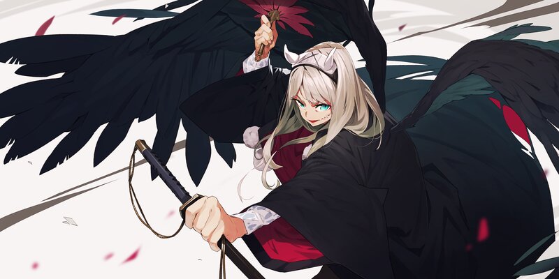 Anime Girl with Sword — Black, Dramatic, Digital Art, Wings, Mask