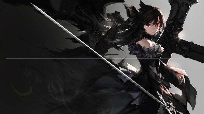 Anime Girl with Sword — Black, Dramatic, Digital Art, Wings, Red Eyes