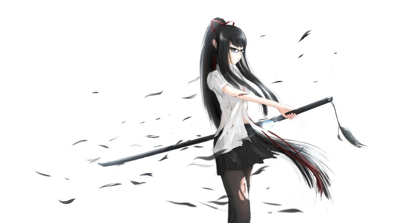 Anime Girl with Sword — Black, Dramatic, Feathers