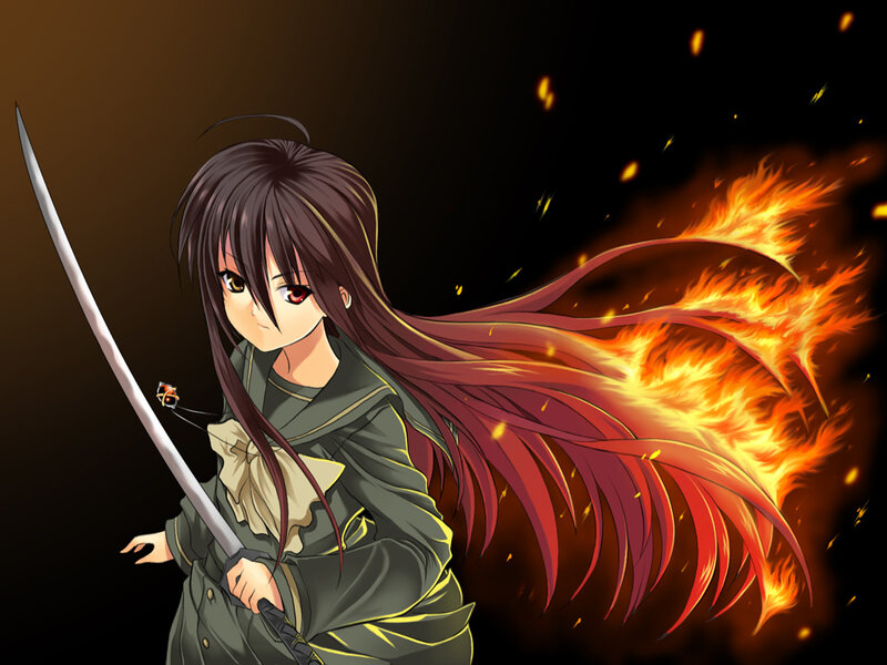 Anime Girl with Sword — Black, Dramatic, Fire