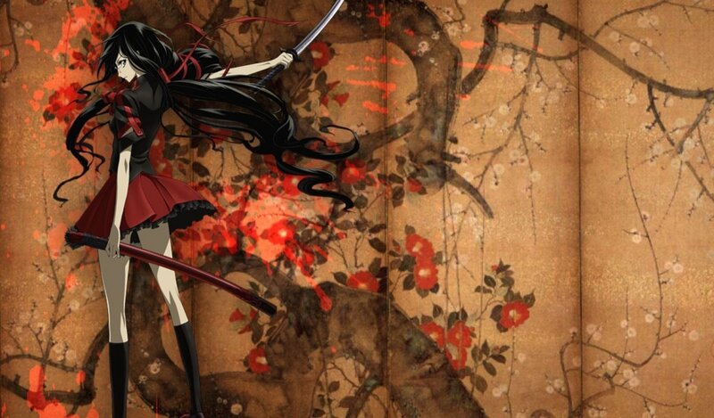 Anime Girl with Sword — Black, Dramatic, Flowers, Long Hair