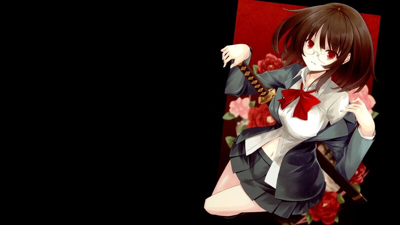 Anime Girl with Sword — Black, Dramatic, Glasses, Red Roses
