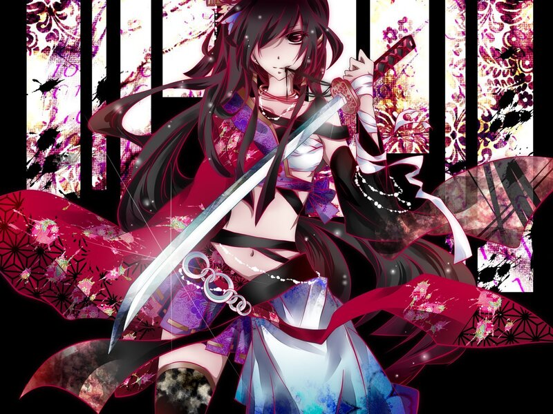Anime Girl with Sword — Black, Dramatic, Kimono, Fan