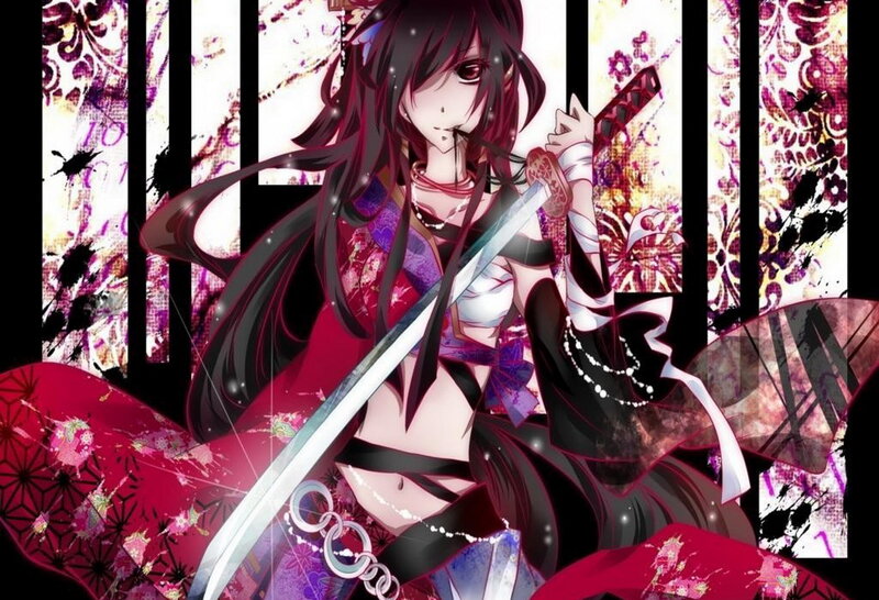 Anime Girl with Sword — Black, Dramatic, Kimono, Long Hair