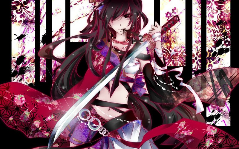 Anime Girl with Sword — Black, Dramatic, Kimono