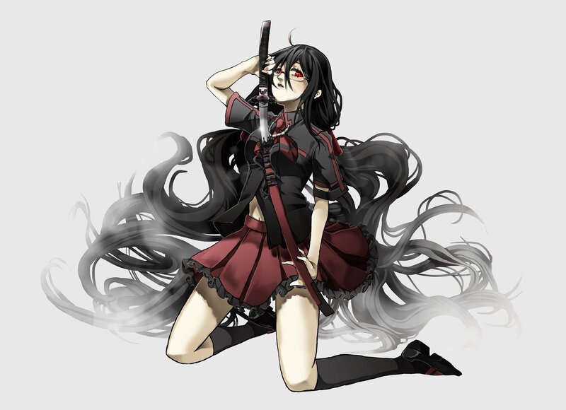 Anime Girl with Sword — Black, Dramatic, Long Hair, Skirt