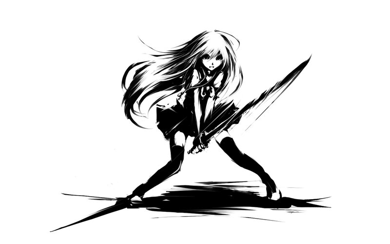 Anime Girl with Sword — Black, Dramatic, Manga, Long Hair, Skirt, White