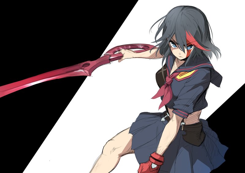Anime Girl with Sword — Black, Dramatic, Manga, School Uniform, Red Eyes