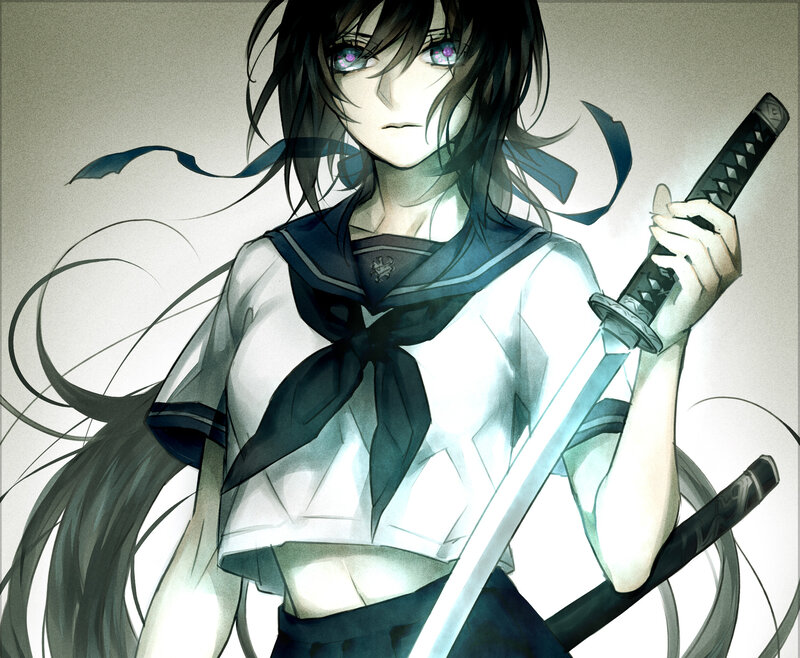 Anime Girl with Sword — Black, Dramatic, Manga, School Uniform