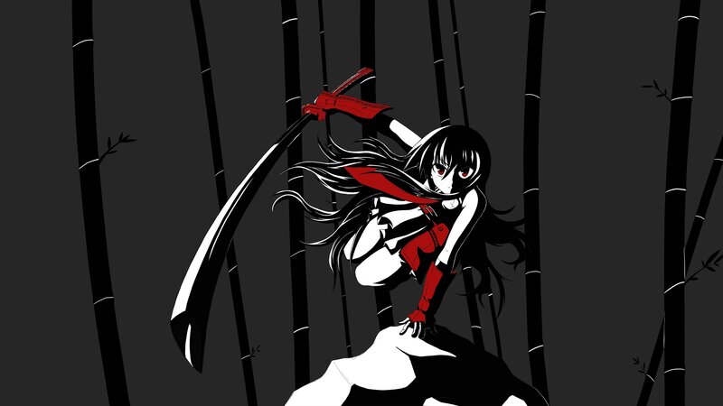 Anime Girl with Sword — Black, Dramatic, Night, Bamboo Forest
