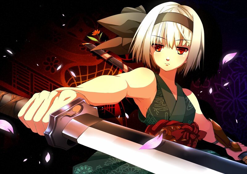 Anime Girl with Sword — Black, Dramatic, Night, Cherry Blossoms