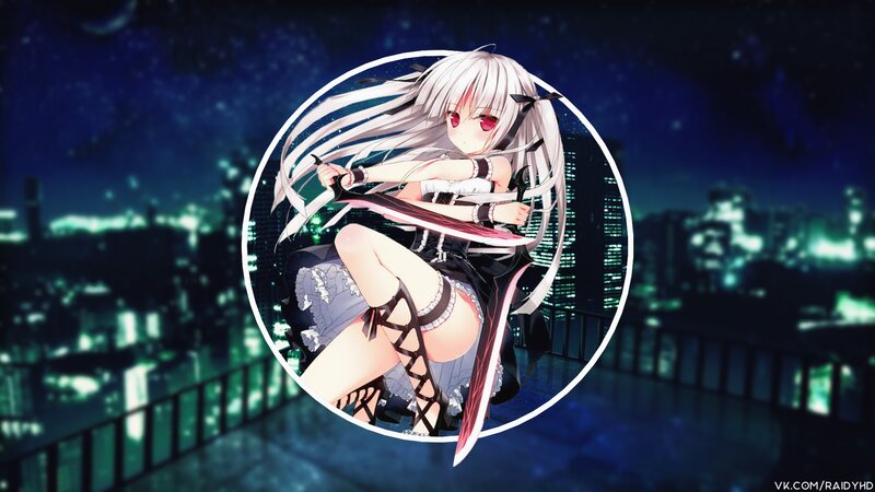 Anime Girl with Sword — Black, Dramatic, Night, Cityscape