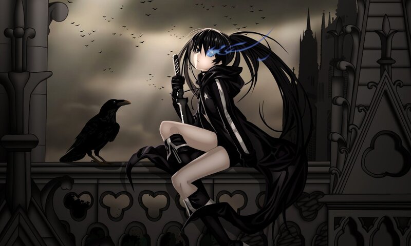 Anime Girl with Sword — Black, Dramatic, Night, Crow