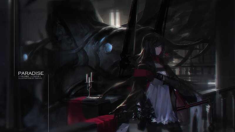 Anime Girl with Sword — Black, Dramatic, Night, Digital Art, Candlestick